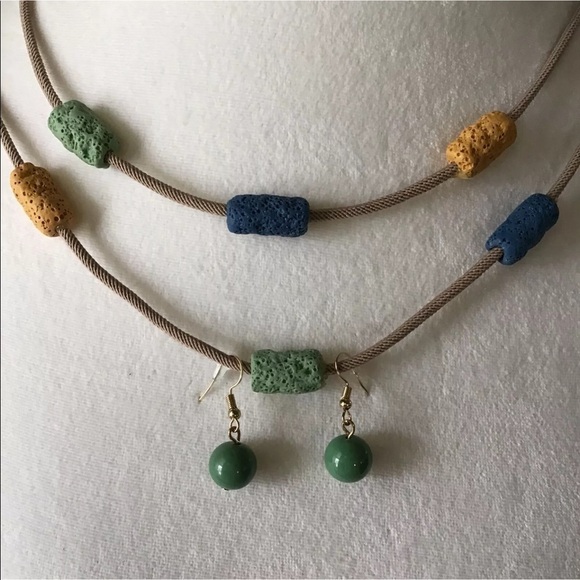 LAST 1! NEW Lava Bead Necklace & Earring SET Green Blue Gold Tube Beads on Cord - Picture 7 of 10